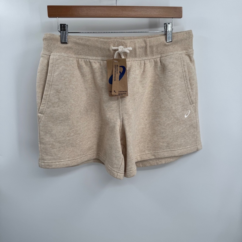 NEW ASICS Shorts Womens‎ M Beige Sunday Sana Fleece Lounge Relaxed Gym Athletic